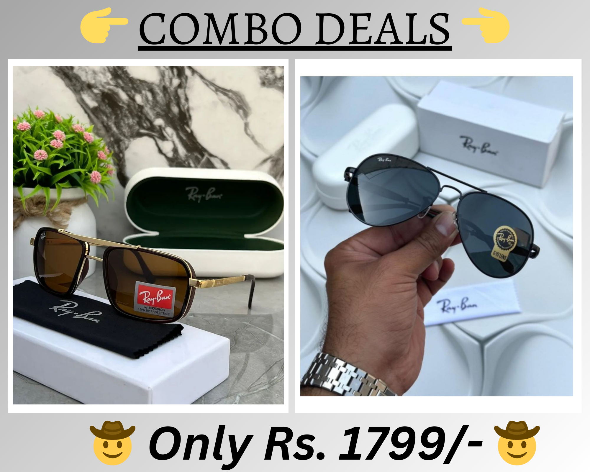 New Vintage Branded Ray-Ban With 100% UV Pack Of 2 Pcs Combo Trendy luxury Men & Women Sunglass