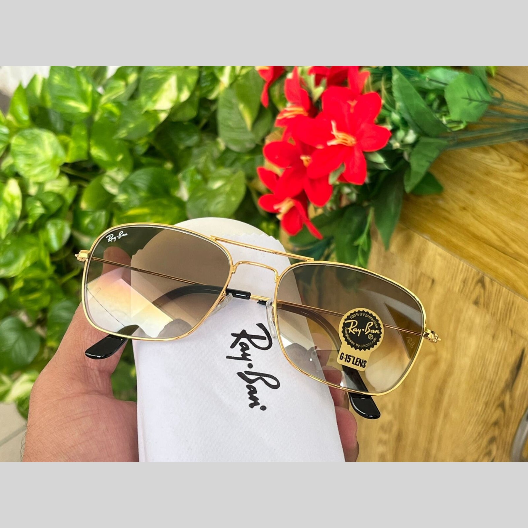 RAY-BAN New Attractive Brown Shaded & Gold 3136 Square Aviator Style Sunglass For Unisex