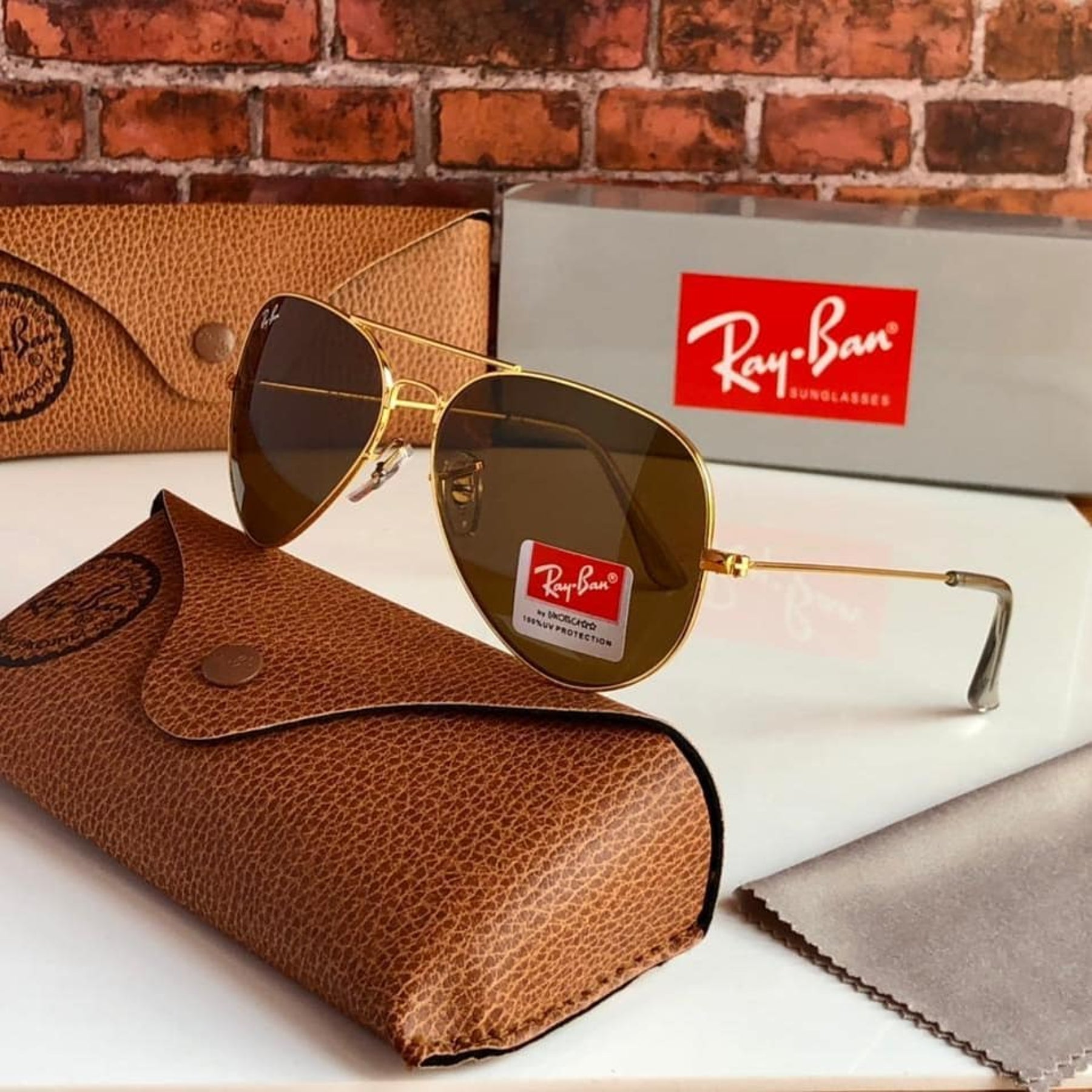 RAY-BAN Brown & Gold 3026 Oval Aviator Metal Trendy Hot Favourite Wintage Sunglass For Unisex.