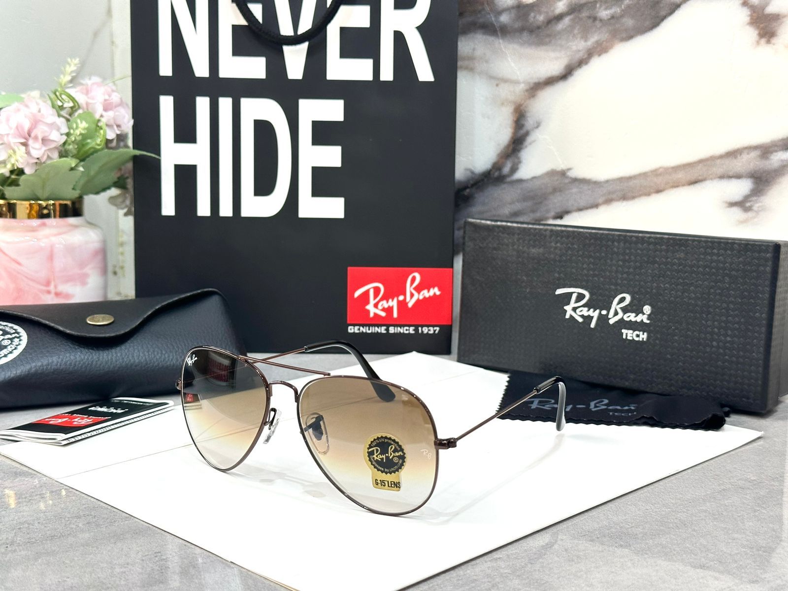 RAY-BAN Brown Shade & Brown 3026 Oval Aviator Metal Trendy Hot Favourite Wintage Sunglass For Unisex.