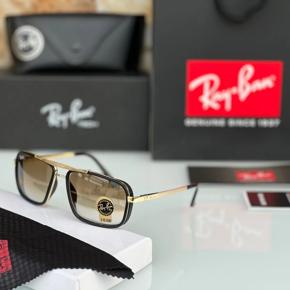 RAY-BAN Brown Shade & Gold 4413 Square Side Cap Trendy Hot Favourite Wintage Sunglass For Unisex.